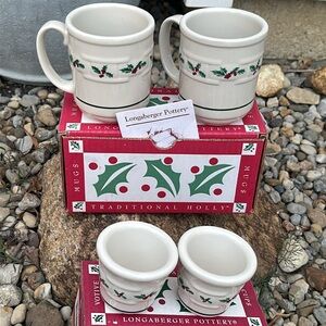 Longaberger Traditional Holly Christmas Mugs and Votives! NIB! Vintage!